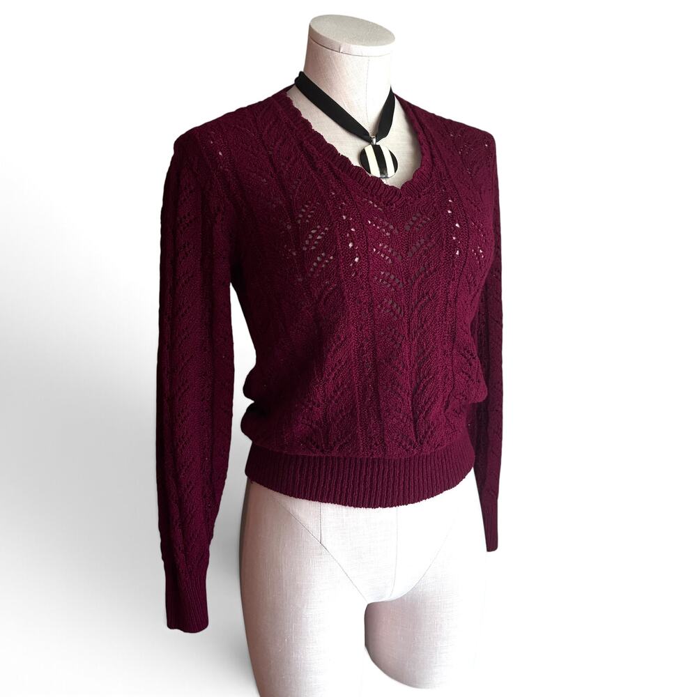 Vintage 80s Burgundy Crochet Knit Sweater Medium, Open Weave Ribbed Trim Top - Picture 15 of 16